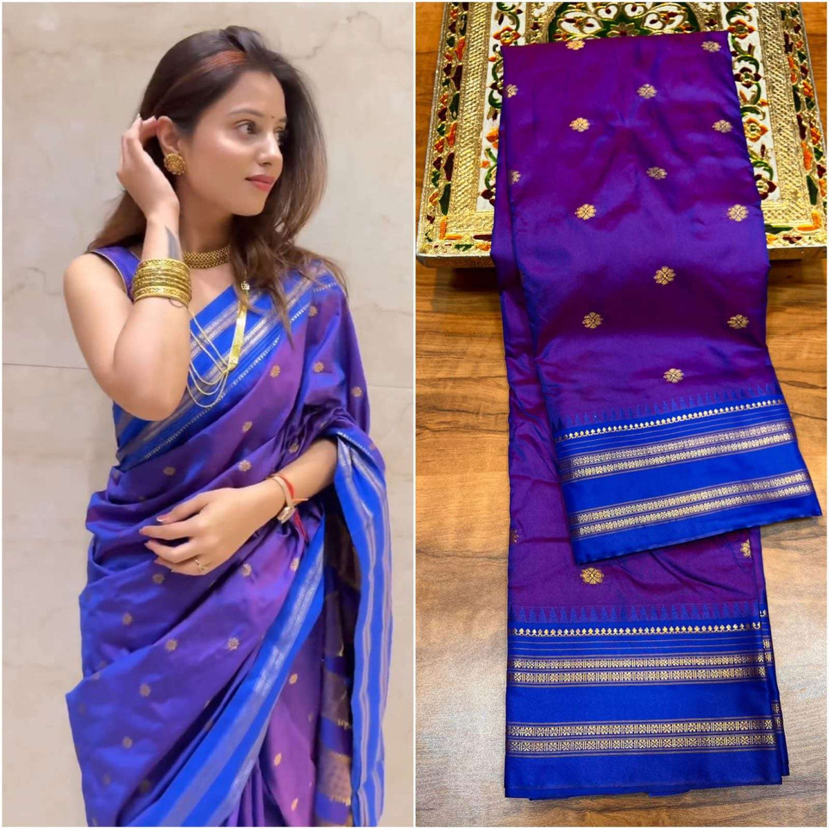 Model in purple-blue Narayanpeeth Paithani next to the folded saree and its zari border