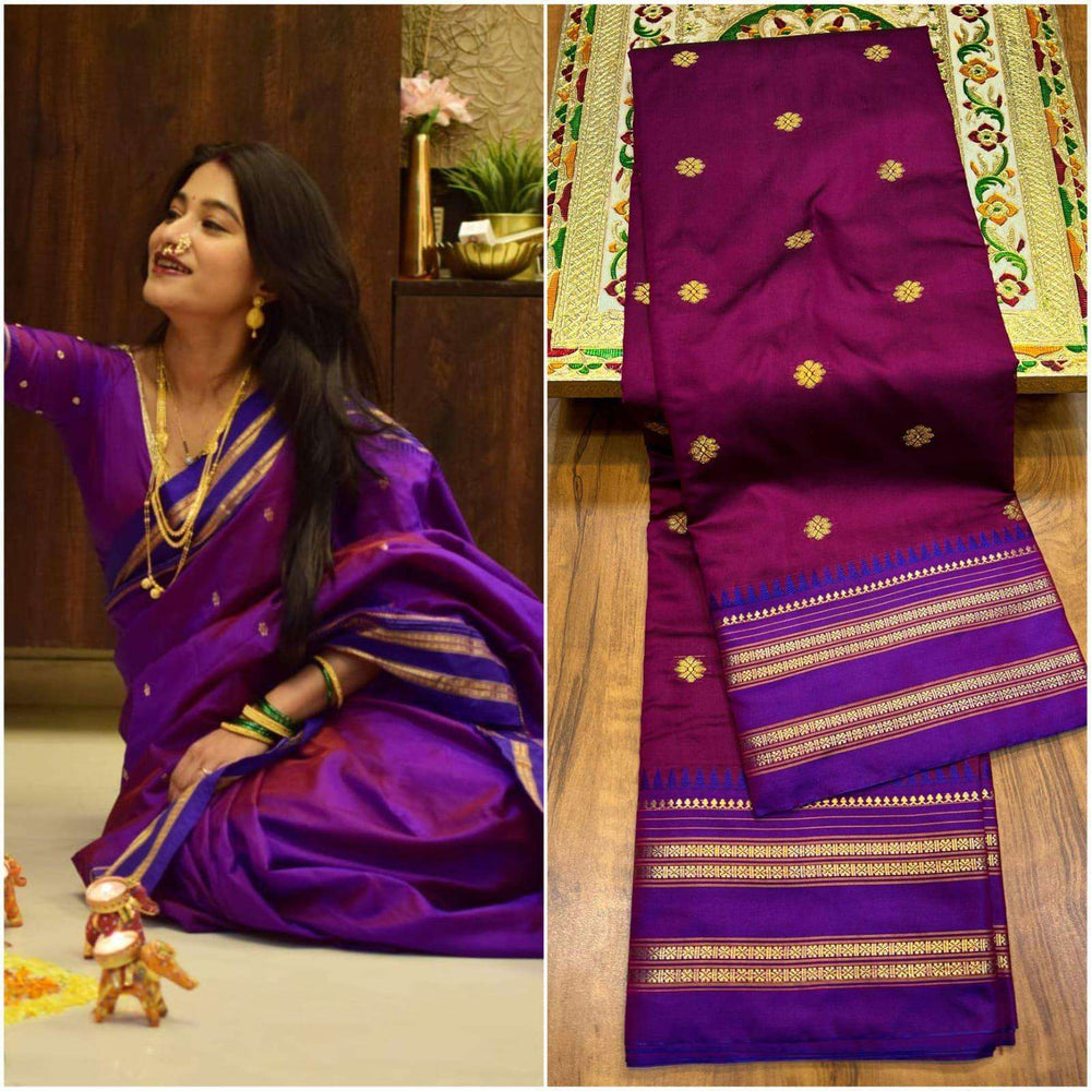 Purple Narayanpeeth Paithani worn seated, paired with the folded saree and gold border