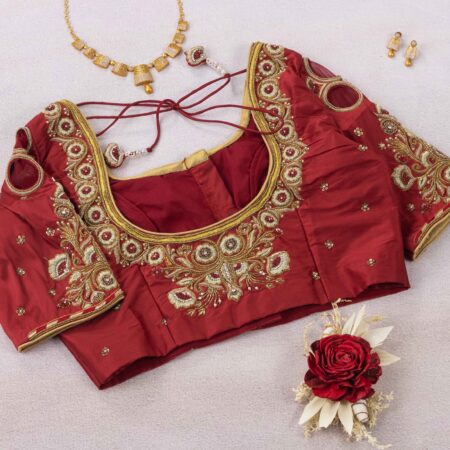 Handcrafted ethnic wear collect by Kizmit Designs ft. Maroon Shade Golden Dori Work Floral Blouse