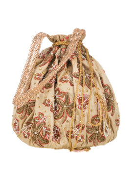 Beige Brocade Floral Potli Bag