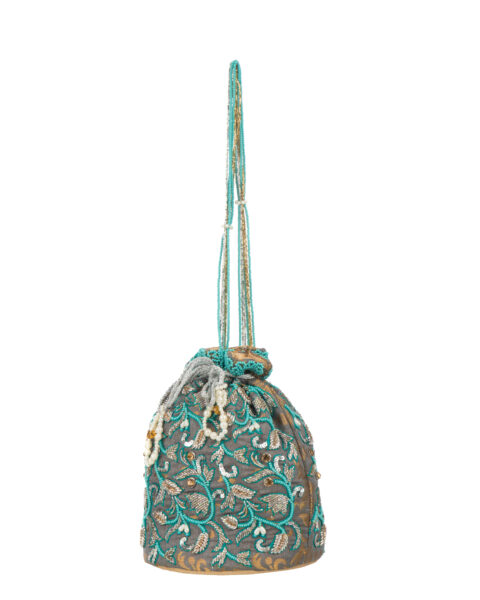 Slate Greyish Golden Floral Brocade Zari Potli Bag