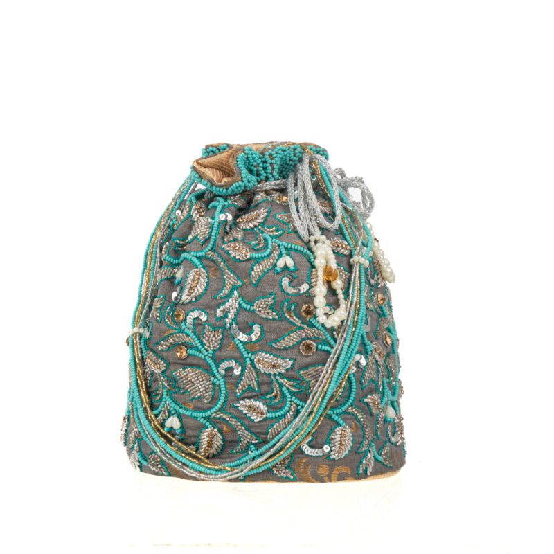 Slate Greyish Golden Floral Brocade Zari Potli Bag