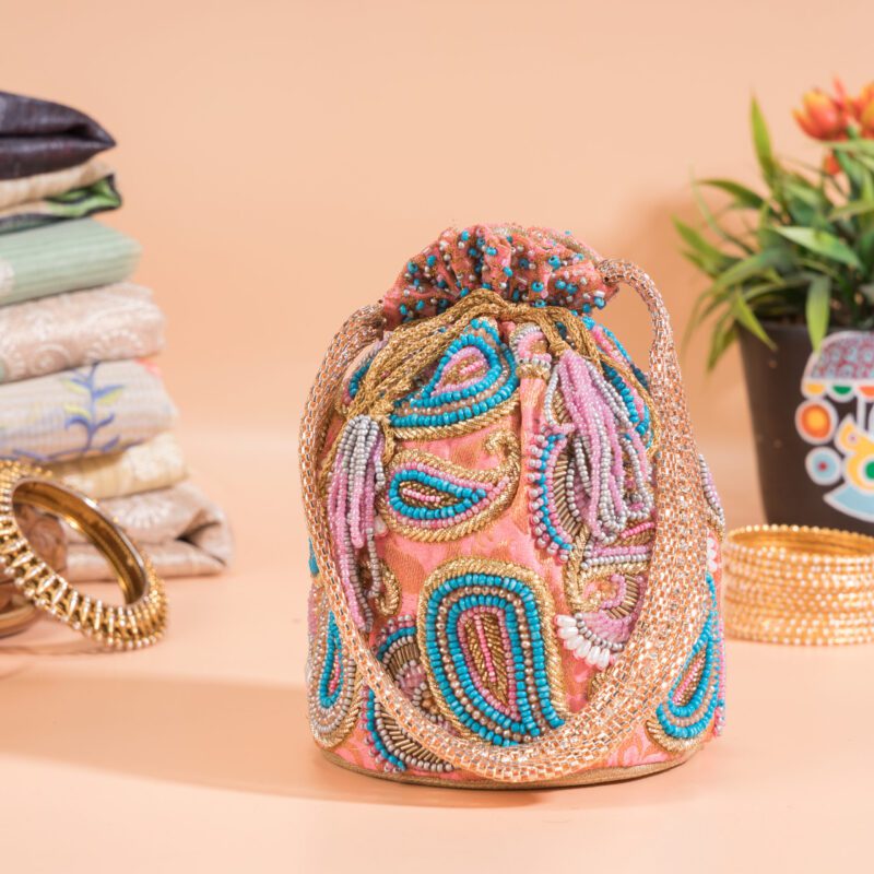 Flamingo Pink Brocade Ambi Potli Bag