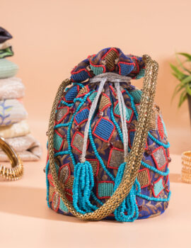 Egyptian Blue Brocade Geometrical Potli Bag