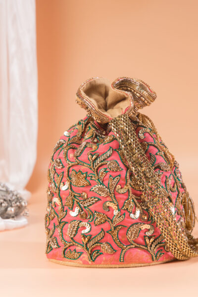 Peach Golden Floral Brocade Zari Potli Bag