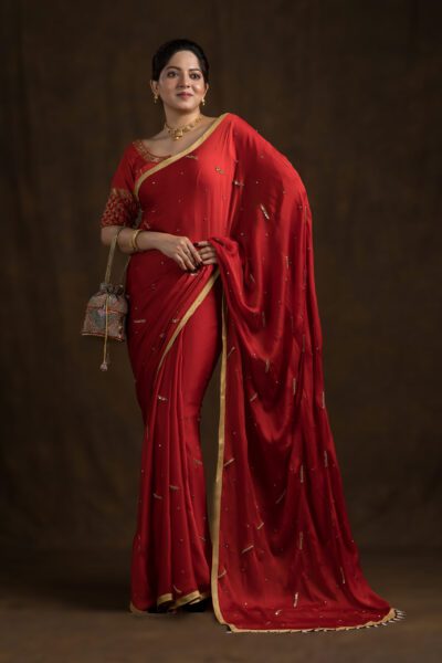 Crimson Red Blouse With Red Beads Tassels Blouse